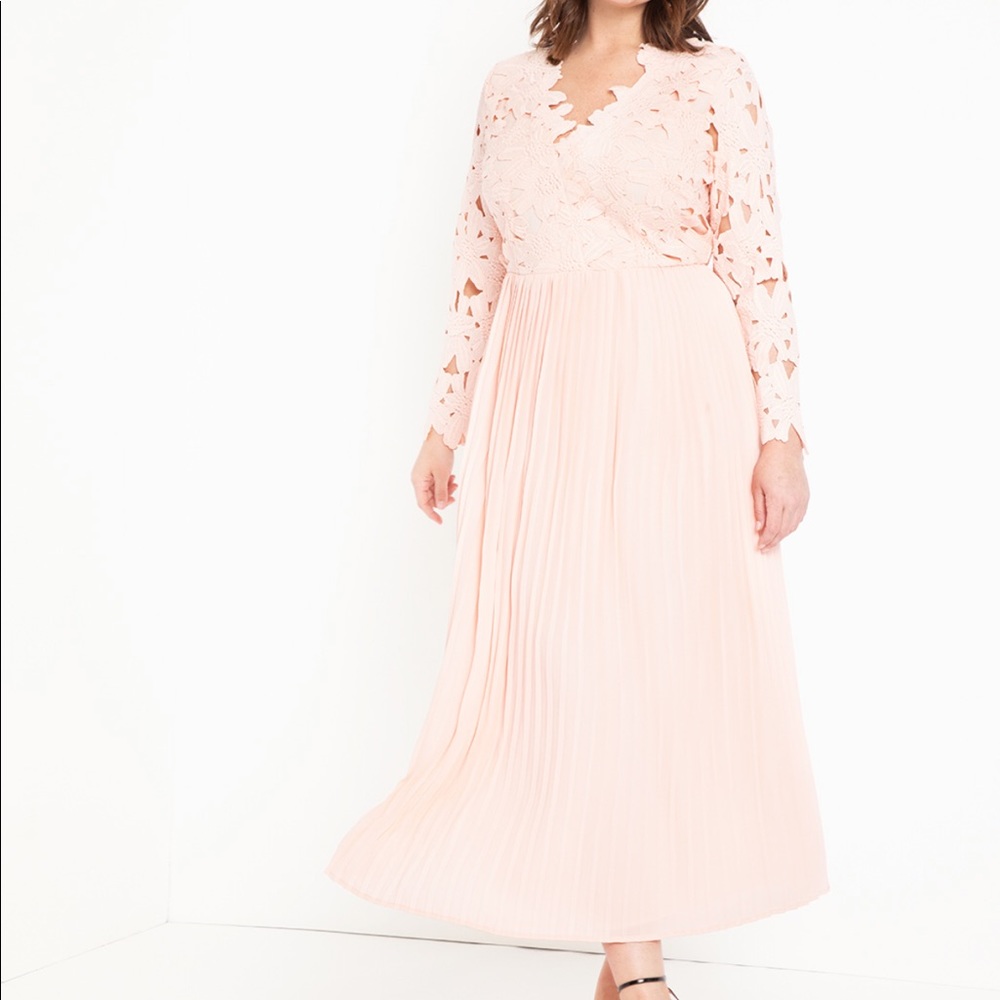 Eloquii V-Neck Lace Gown with Pleated Skirt